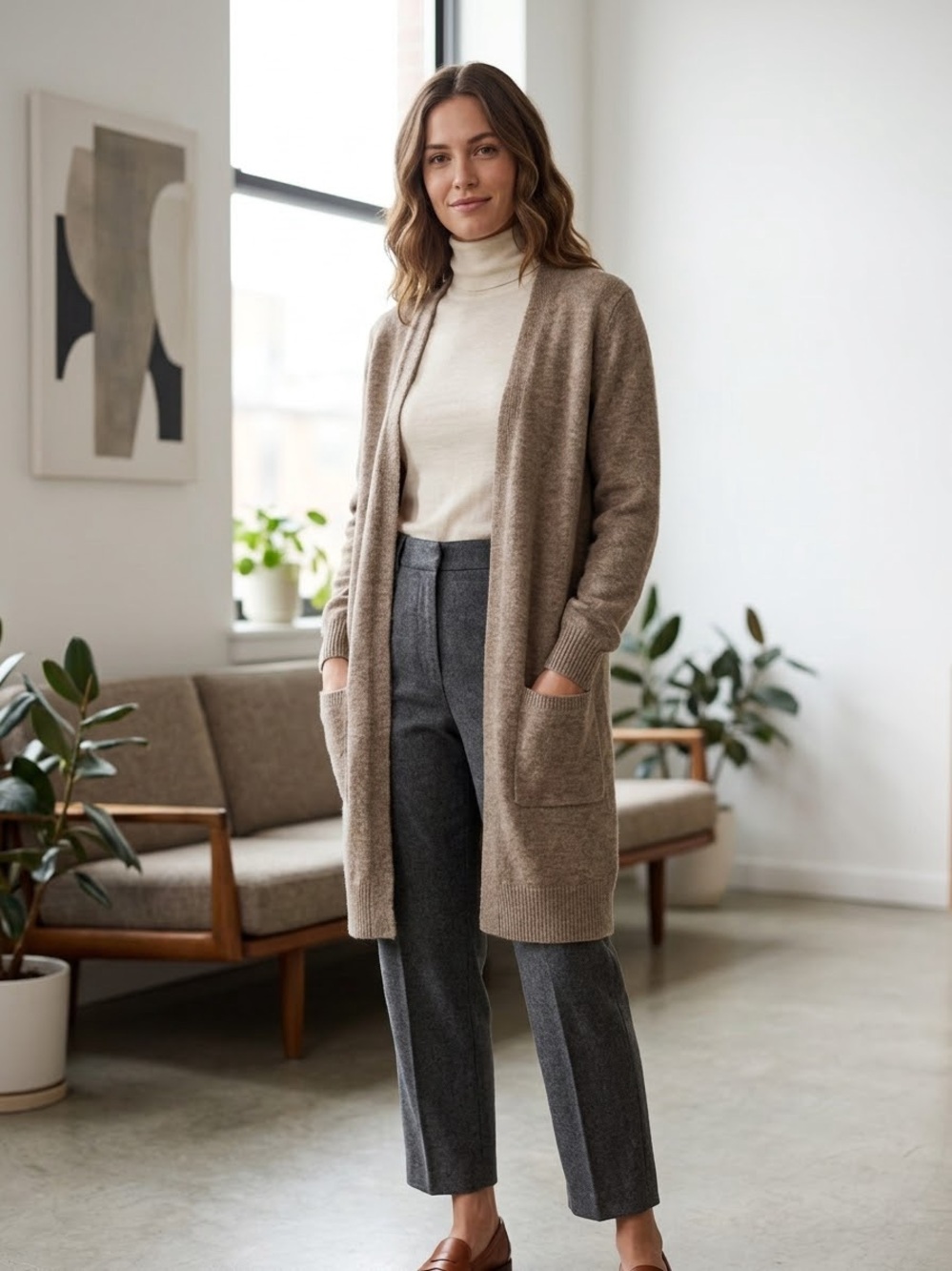 Cozy Open-Front Long Cardigan Sweater in Taupe